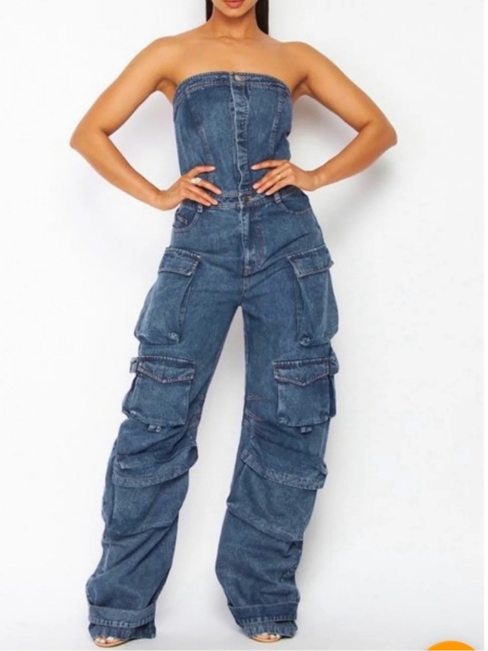NWT LoraGal Strapless Denim Cargo Jumpsuit - Dark Blue Wide Leg